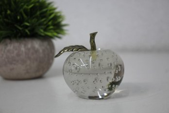 Paperweight -Blown Controlled Bubble Glass Apple  Clear With Brass Leaf Stem