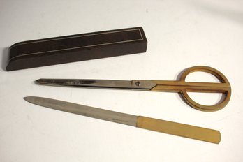 Vintage Germany  Scissors W/Brass Handles & Letter Opener Sheath Desk Set