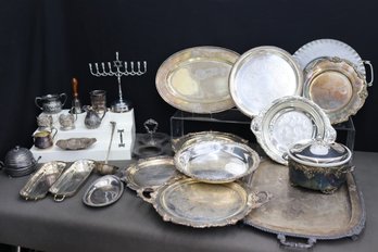 Group Lot Of (mostly) Silver Plated Trays And Assorted Objects