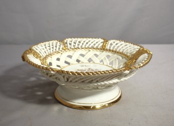 Vintage Porcelain Basket Weave Pedestal Bowl With Gold Accents