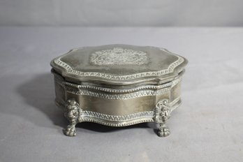 'Ornate Silver-Tone Jewelry Box With Velvet Lining And Detailed Lion Paw Feet'