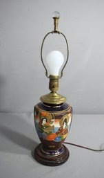 Vintage Satsuma Style Porcelain Lamp On A Wooden Round Base