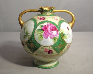 Antique Nippon Hand-Painted Floral Vase With Heavy Gold Beading And Dual Handles