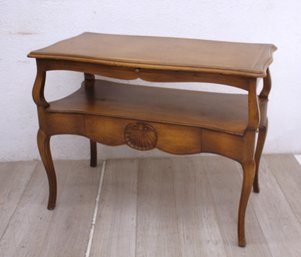 Vintage French Provincial Two-Tier Side Table With Scalloped Details & Leather Top