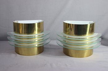 Pair Of Vintage Brass And Glass Half Round  Wall Sconces -1990