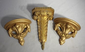 Set Of 3 Vintage Gold Gilt Wall Shelves  Ornate Decorative Sconces- (6.5' &7' H )