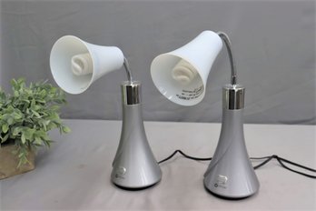 Pair Of  OttLite Tulip Adjustable Gooseneck Desk Table Lamp Silver & White