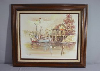 John Luini Signed Fishing Boats At Dock Original Oil Painting On Canvas, Signed LL And Framed