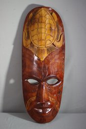 Hand Carved Wood Tribal Mask From Fiji  With Deeply Etched Sea Turtle On Forehead