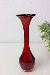 Mouth Blown Art Glass Slender Neck Bud Vase In Cherry Red