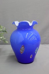 Murano-style Azure/ White Cased Glass Vase Spotted With Millefiori