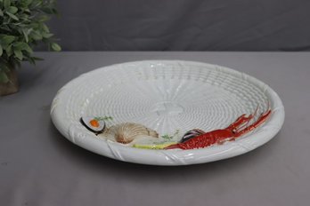 Large Hand Painted  Majolica Basket Weave Seafood Platter By The Shafford Co.
