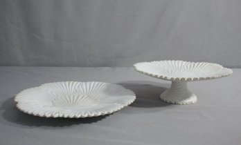 White Italian Pottery Shell Pedestal Cake Stand And Platter