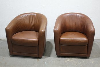 Pair Of Natuzzi Editions Fawn Leather Barrel Back Swivel Club Chairs