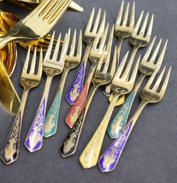 Group Lot Of Brass And Enamel Siam Cocktail Forks, Thailand