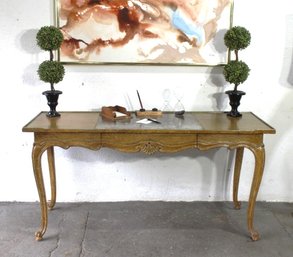 Antique French Provincial Style Desk With Distress Leather Top And Single Drawer