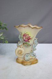 Vintage Porcelain Cornucopia Horn Vase With Flowers And Gold Trim