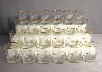 Set Of  24 Winnie Stanford Designs Inc. On The Rocks Glasses. Gold Rim With Painted Fly Fish Lure