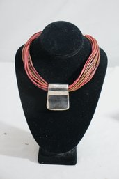 Polychrome Leather Strand Necklace With Sterling Silver Center Cuff