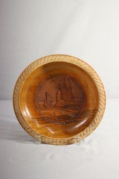 Vintage Wood Turned, Wood Carved, And Wood Burned Pictorial Bowl