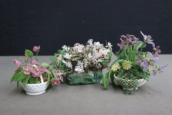 Lovely Group Lot Of 3 Colored  Beaded Flower Arrangements In Basket And Foam Planters