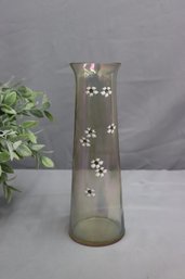Vintage Enameled Daisy On Smokey Glass Vase