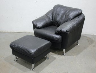 Overstuffed Black Leather Chair On Polished Chrome Feet With Ottoman