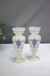 Two Vintage Enameled Hand-decorated Satin Milk Glass Bud Vases