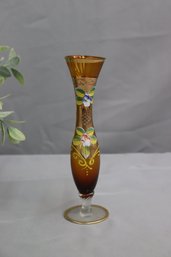 Vintage  Bohemian Glass Amberina Bud Vase With Gilding And Handpainted Enameling