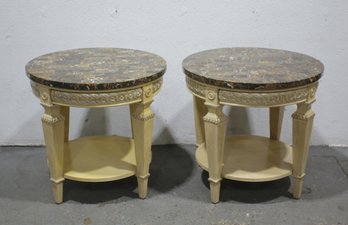 A Pair Of Vintage Louis XVI Style Foo Marble Top Round End/side Tables