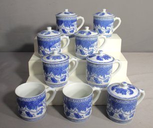 'Set Of Arts & Crafts Style Porcelain Lidded Mugs With Blue And White Design'