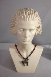 Red, Black, And Gold Beaded Necklance With Painted Horse Pendant