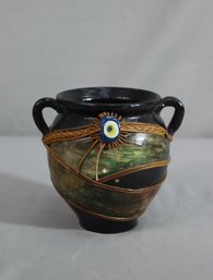 Vintage Craft Pottery 2 Handled Vessel With Intense Applique And Polychrome Decoration