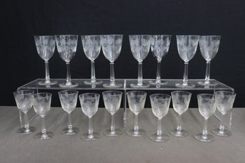 Group Lot Of 18 Berries And Branches Etched Wine Glasses