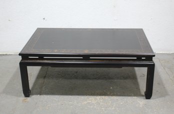 Vintage Chinoiserie Coffee Table In Deep Brown Lacquer With Golden Hue Decorative Border