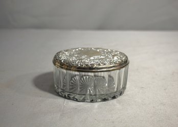 Vintage Pressed Glass Powder Box With Ornate Silver-Tone Lid