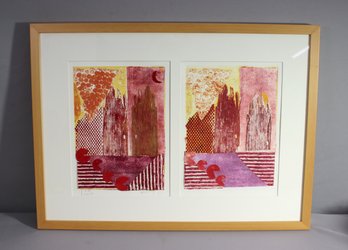 Framed Diptych Two Color Expressions Of One Woodcut, Signed Vivian