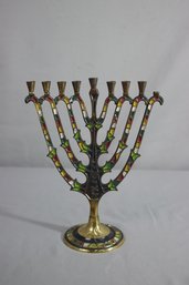 10.5' H Unique Gold Tone Modern Menorah With Green, Red And White Enamel Accents