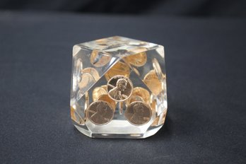 Vintage Floating Penny Pennies Paperweight With Place For Pen On Top