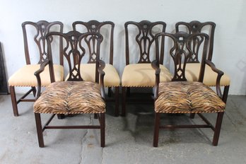 Set Of Six Exquisite Antique Chippendale Dining Chairs With Mixed Upholstery