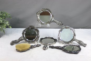 Group Lot Vintage Ornately Embossed Metal Hand Mirrors And One Figurative Hairbrush