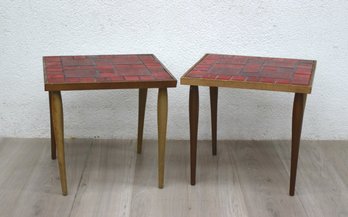 60s Pair Of Mid Century Red  Tile Side Tables