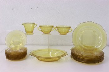Group Lot Of Amber Laurel Green Depression Glass Tableware, Assorted