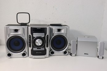 Sony CD Player Receiver HCD-EC55 With 2 Speakers AND Dell A525 Computer Sound System Subwoofer And 2 Speakers