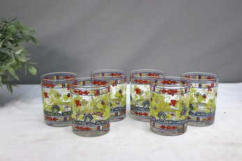 Set Of 6 Vintage Color Pop Flower Decorated Rocks Glasses