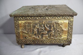 'Antique Brass-Clad Wooden Chest With Embossed Tavern Scene'