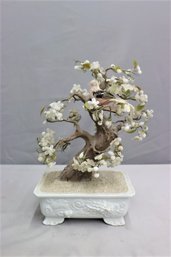 Vintage Artificial Bonsai Tree With Bird In Porcelain Planter