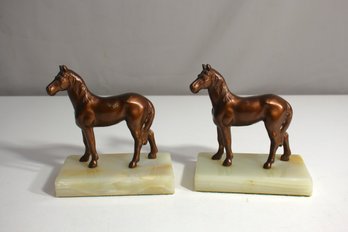 Pair Vintage Metal Horse Bookends On Marble Base