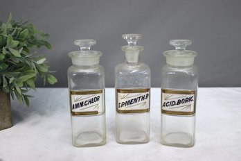 Group Lot Of 3 Antique Glass Apothecary Medicine Bottles With Stoppers