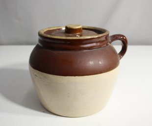 Vintage Antique Brown Slip Stoneware Bean Pot With Lid Pottery Crock